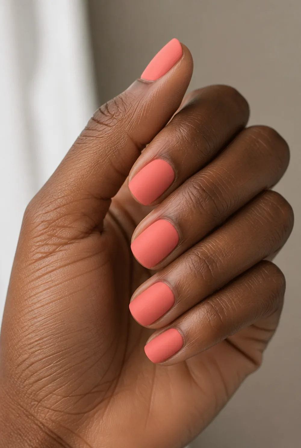 coral matte nail art on deep brown skin