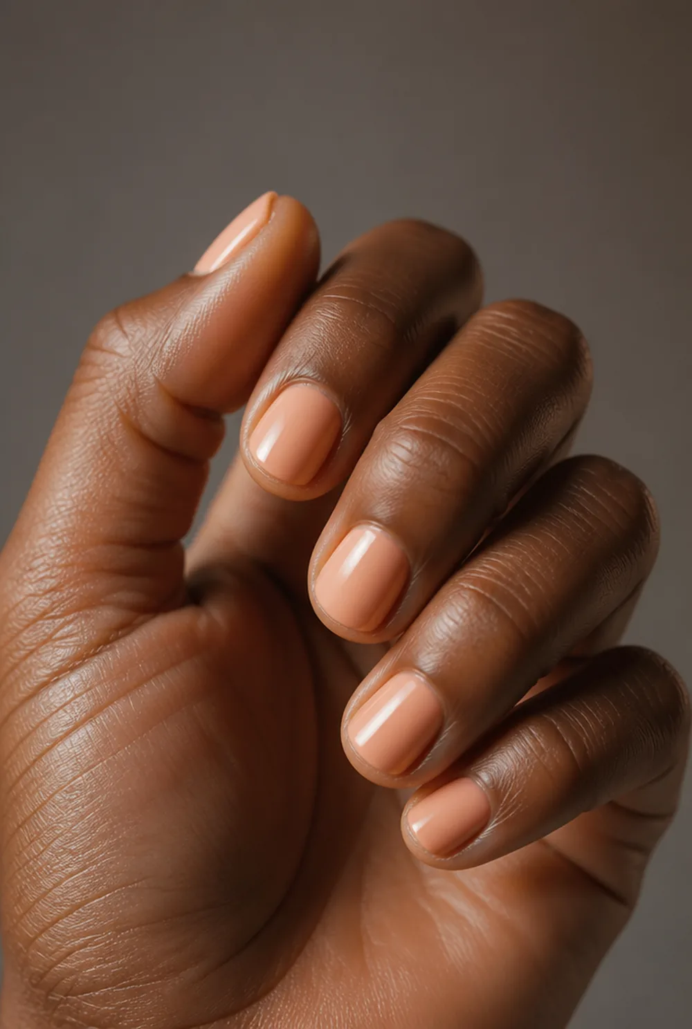 peach coral nail art on deep brown skin
