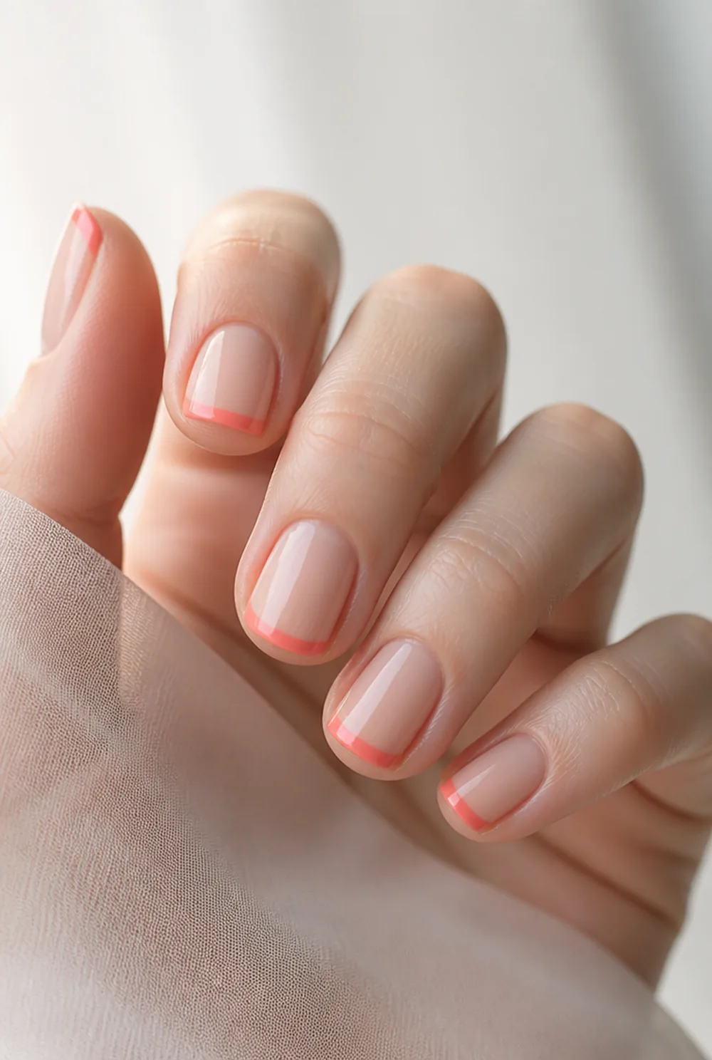 coral french tip nail art on fair skin, short length