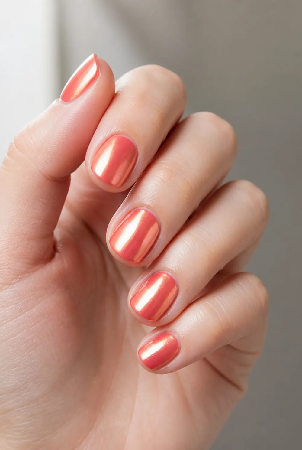 coral chrome nail art on fair skin, short length