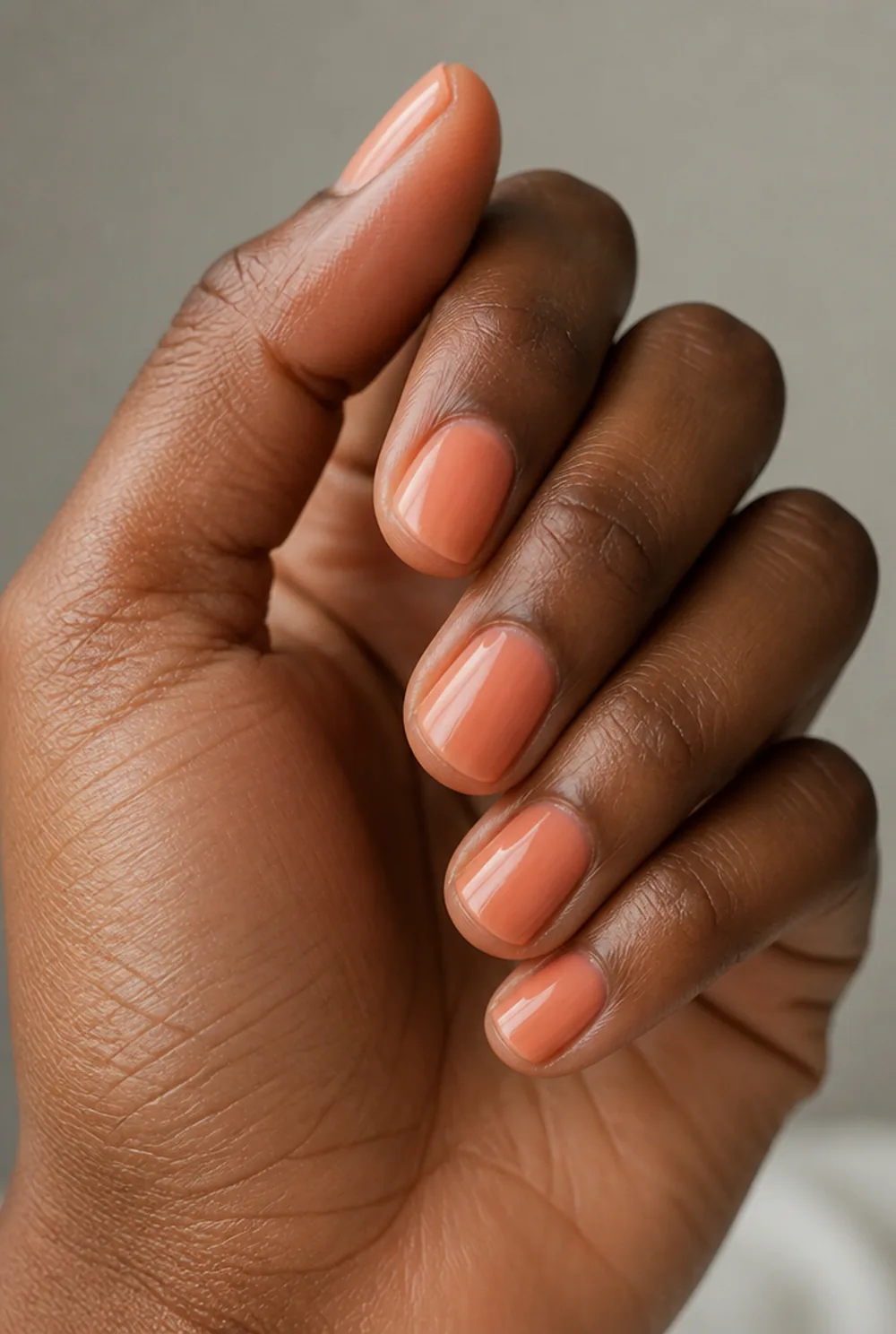 sheer coral jelly nail art on deep brown skin