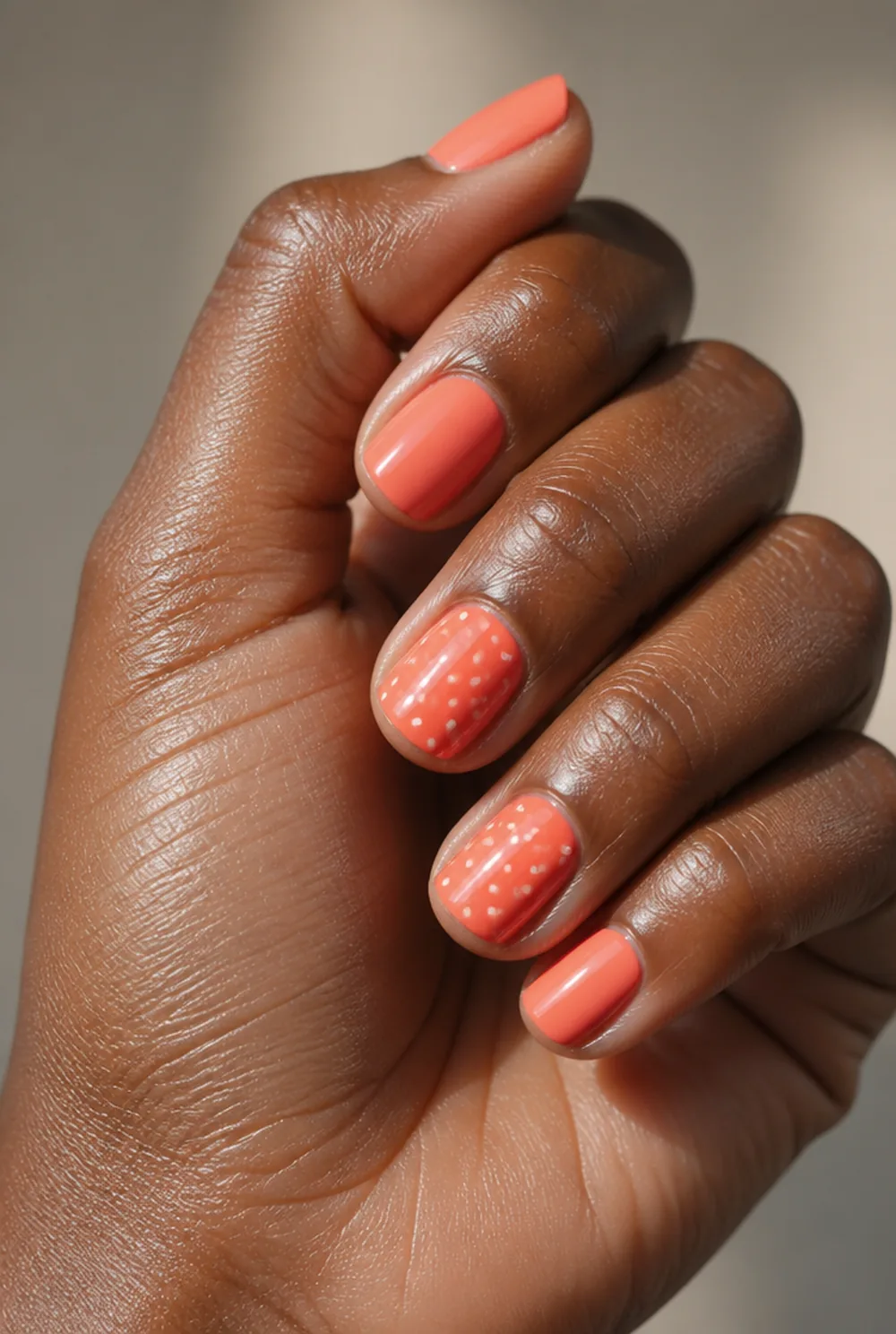 coral with white dots nail art on deep brown skin