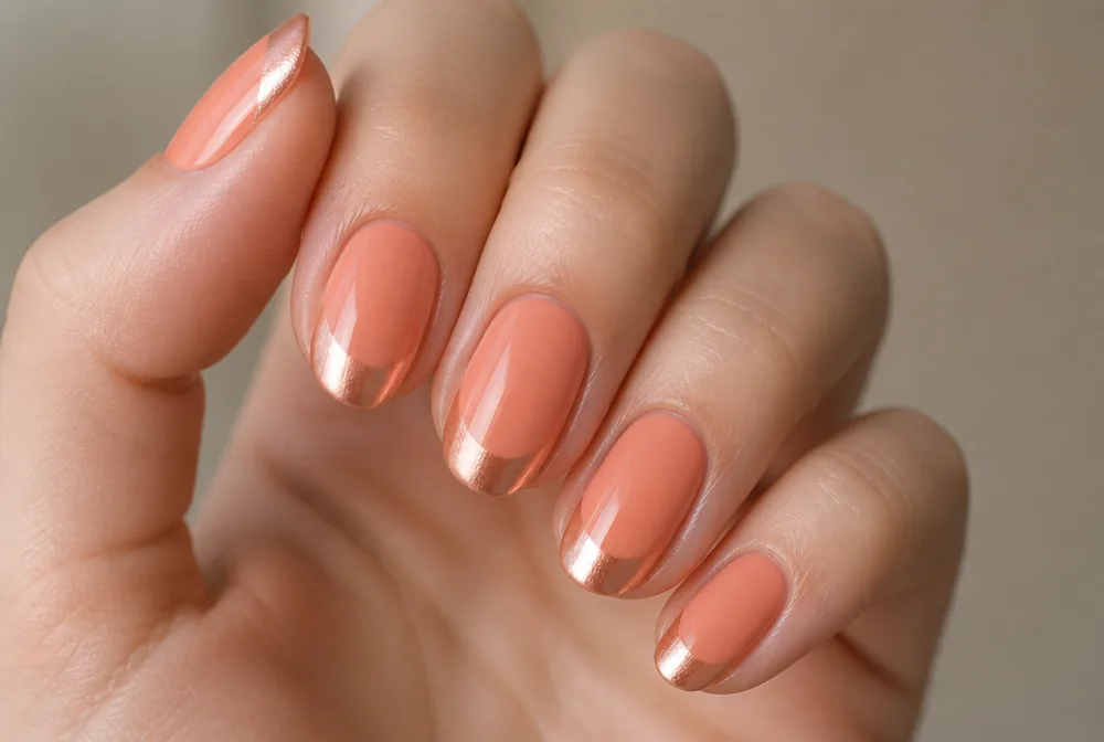 coral nails with chrome tip detail