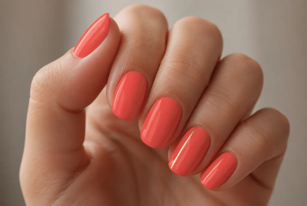 coral nails with thin gold line accent