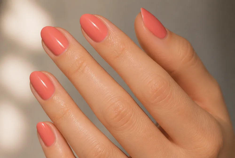 coral orange pink nails on short almond - PolishedAndPrettyNails.com coral orange pink nails on short almond