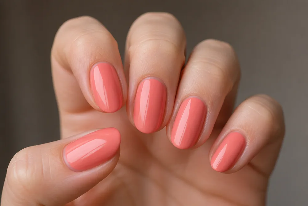 coral pink nails on short almond shape