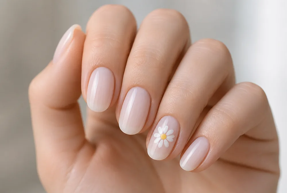 daisy accent nail on a spring manicure - PolishedAndPrettyNails.com daisy accent nail on a spring manicure