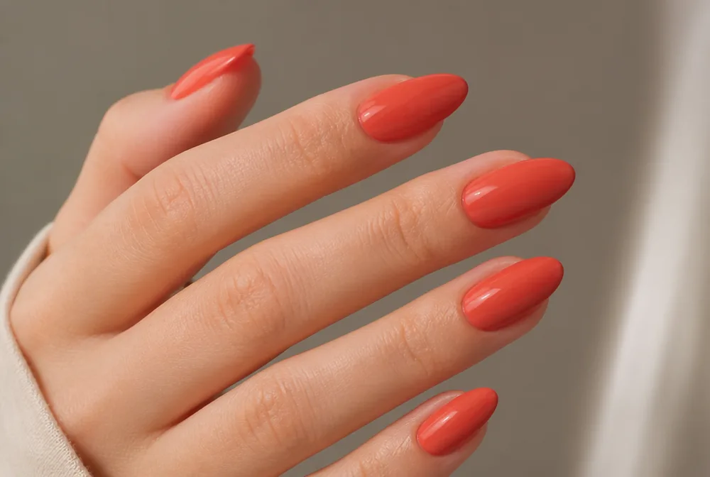 deep coral nails on medium almond shape