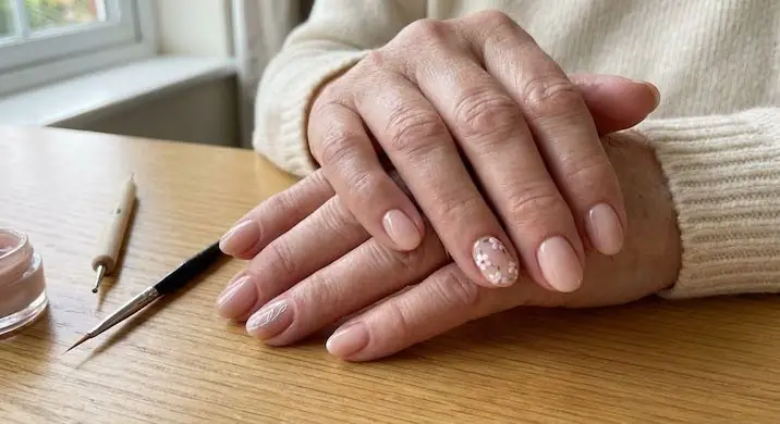 Delicate Nail Art Details - PolishedAndPrettyNails.com Delicate nail art accent on sheer nude nails beside a fine detail brush