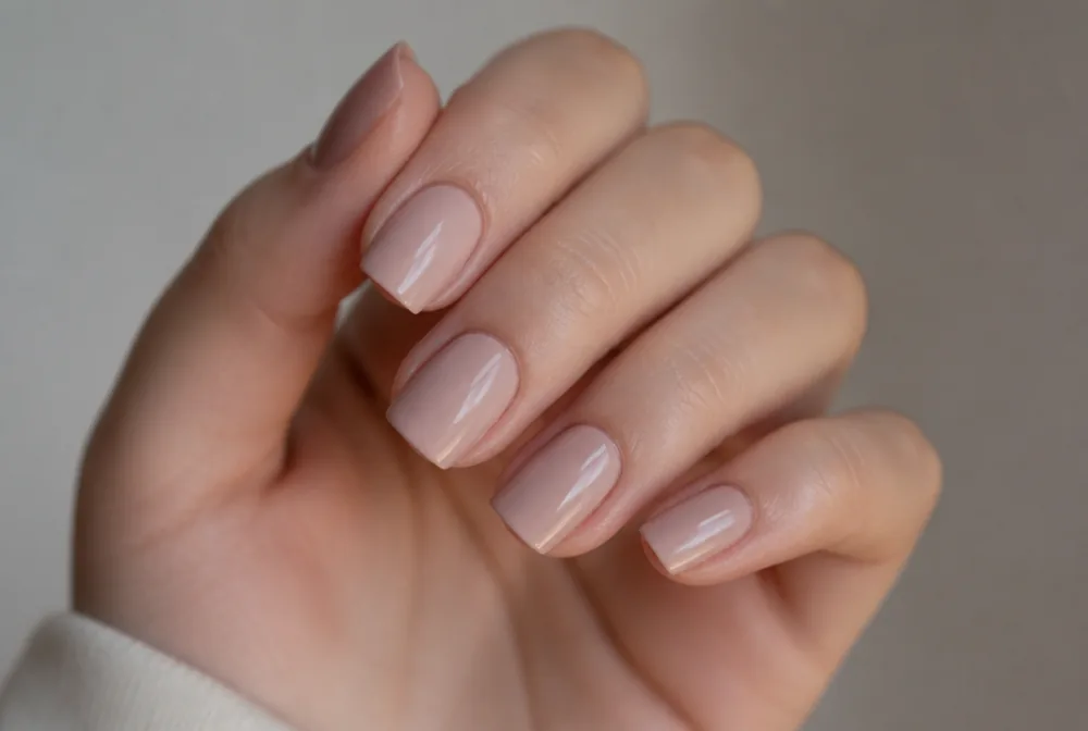dusty rose muted pink nails on medium square nails