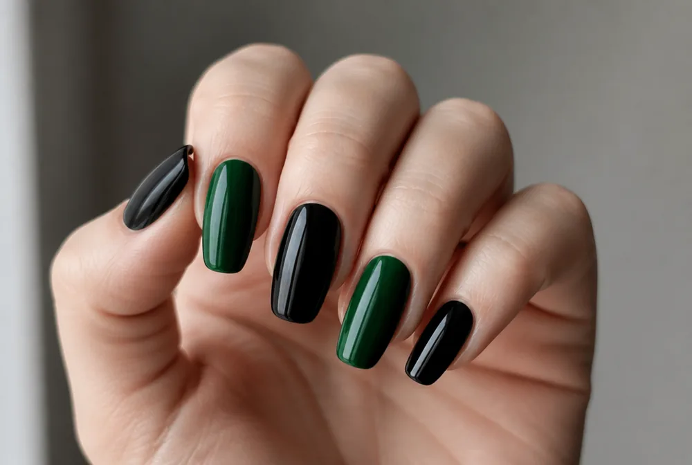 emerald green and black alternating nails - PolishedAndPrettyNails.com emerald green and black alternating nails
