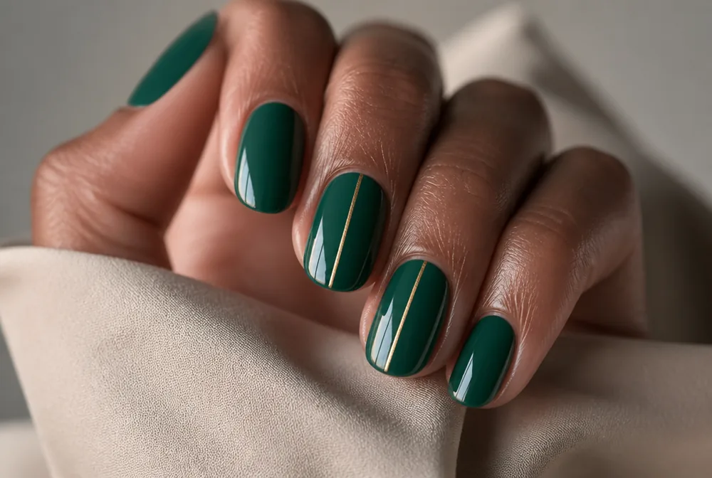 emerald green and gold line December nails