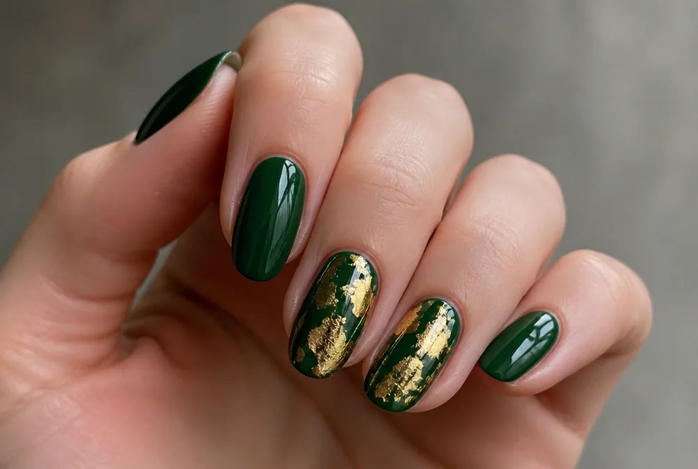 emerald green nails with gold foil accent - PolishedAndPrettyNails.com emerald green nails with gold foil accent
