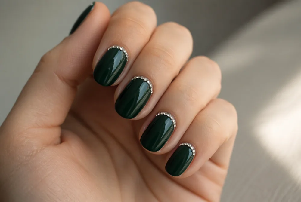 emerald green nails with rhinestone cuticle detail - PolishedAndPrettyNails.com emerald green nails with rhinestone cuticle detail