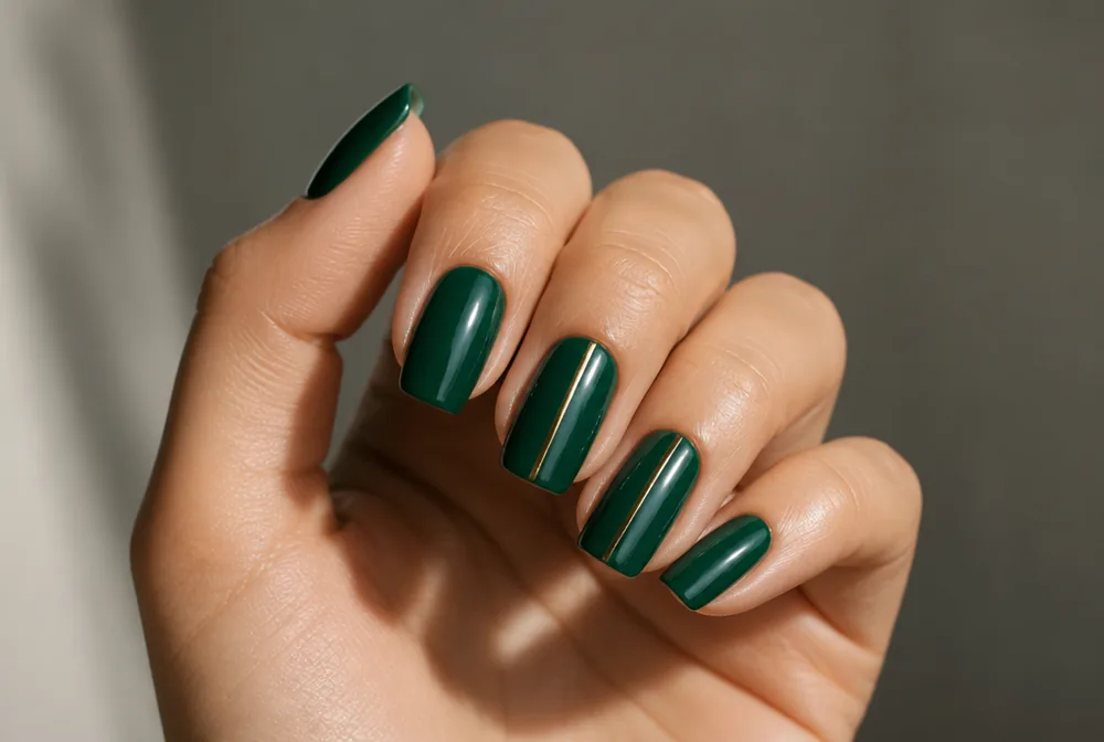 emerald green nails with thin gold line detail - PolishedAndPrettyNails.com emerald green nails with thin gold line detail