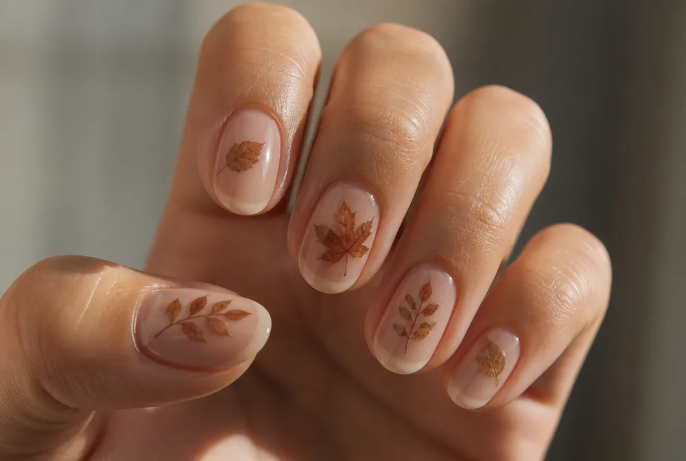 encapsulated autumn leaf nails on warm nude