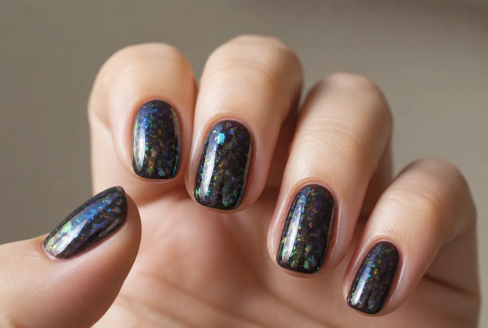 encapsulated chrome flake nails on dark base