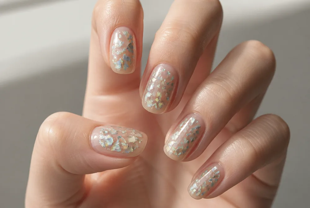 encapsulated crushed shell nails on nude base