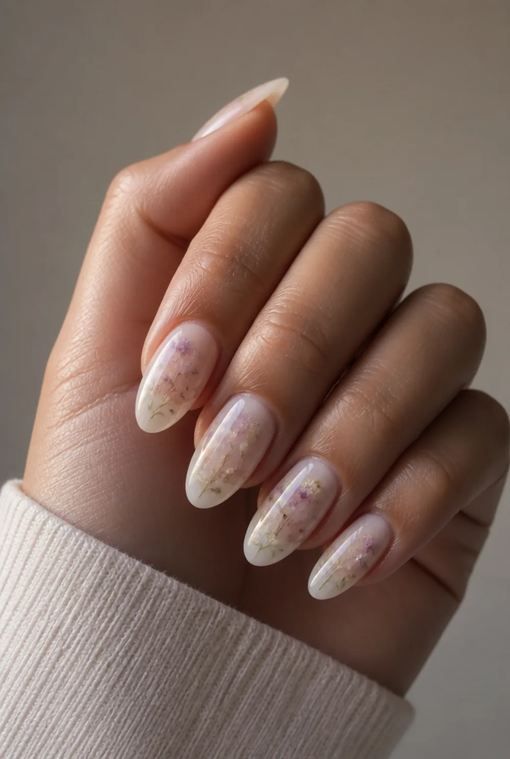 dried flower nails nail art on olive skin, long length