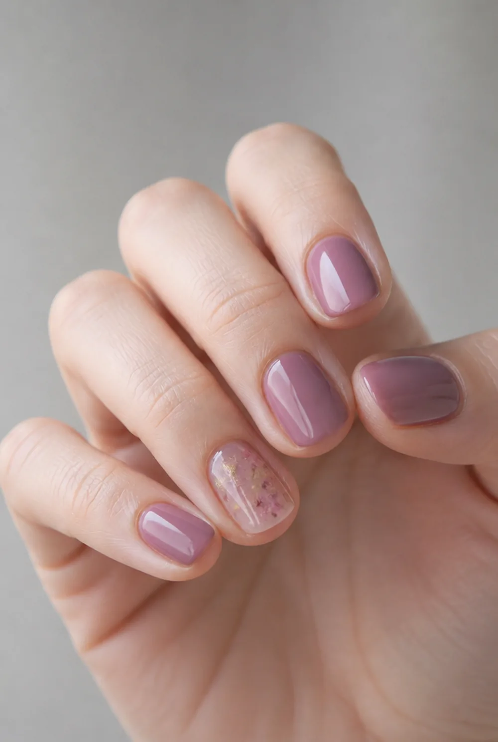 encapsulated accent nail nail art on fair skin, short length