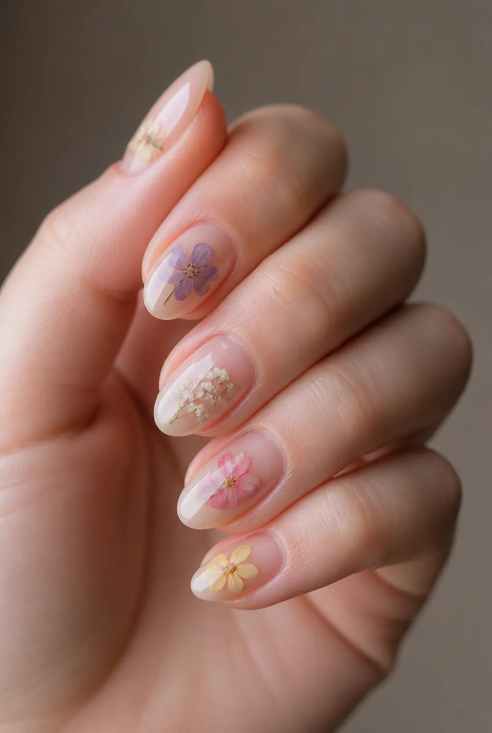encapsulated on almond nail art on fair skin, short length
