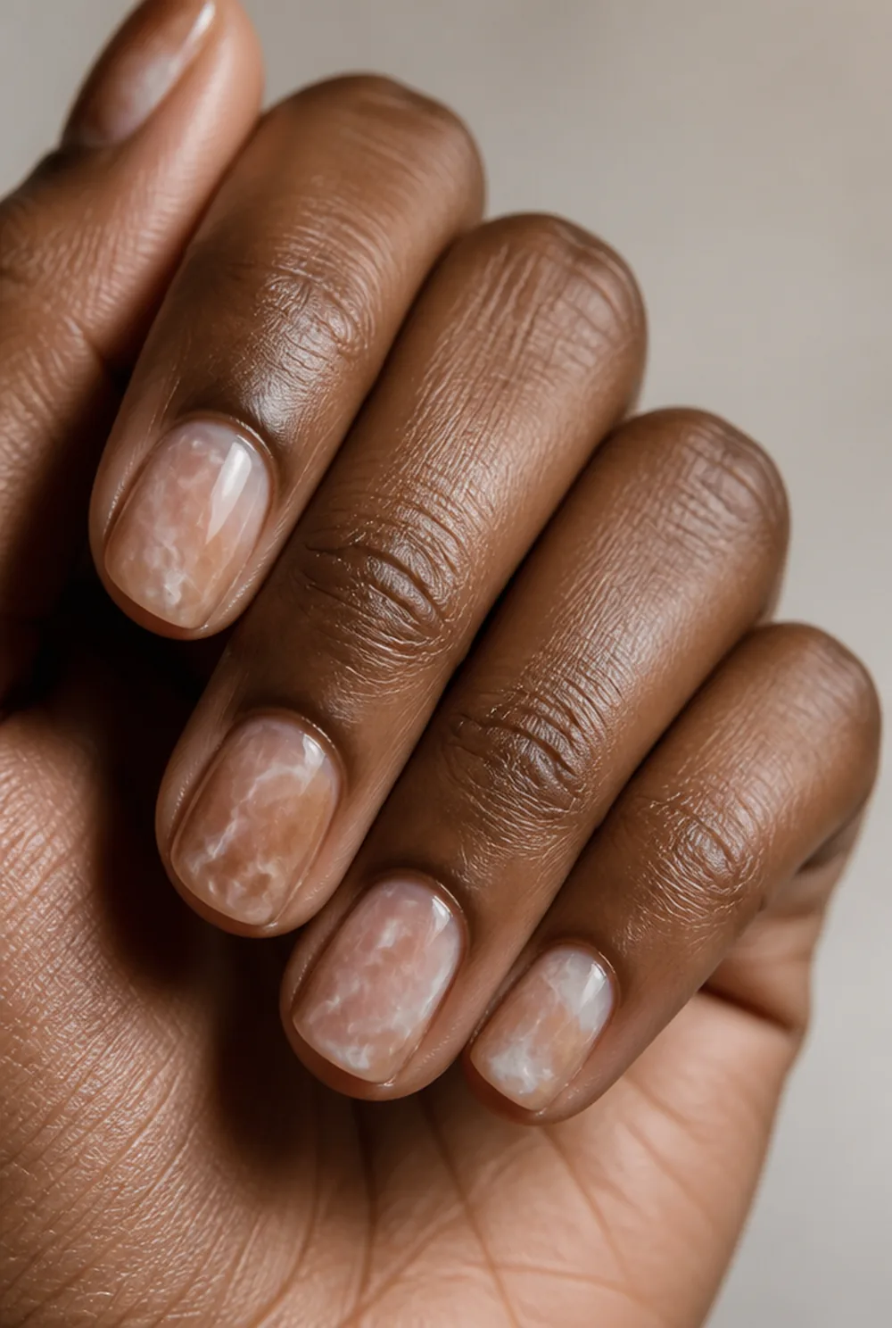 encapsulated marble nail art on deep brown skin