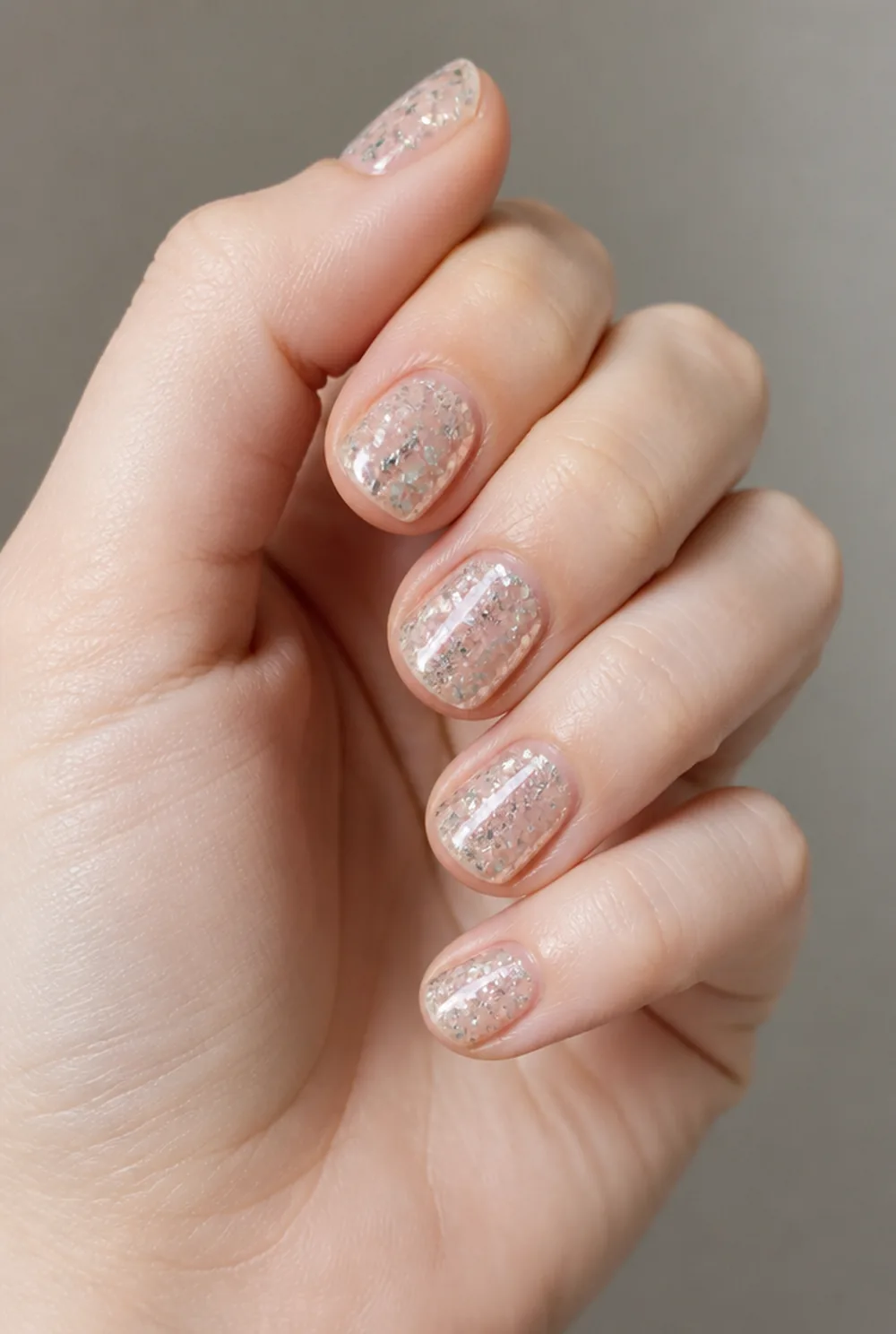 encapsulated glitter nail art on fair skin, short length