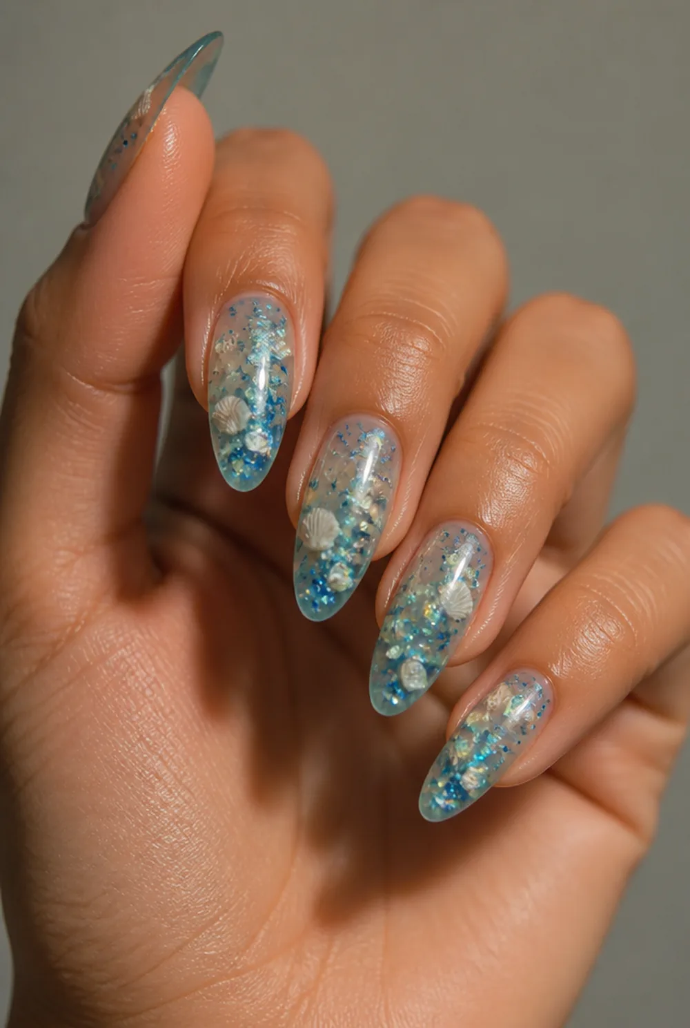 aquarium nails nail art on olive skin, long length