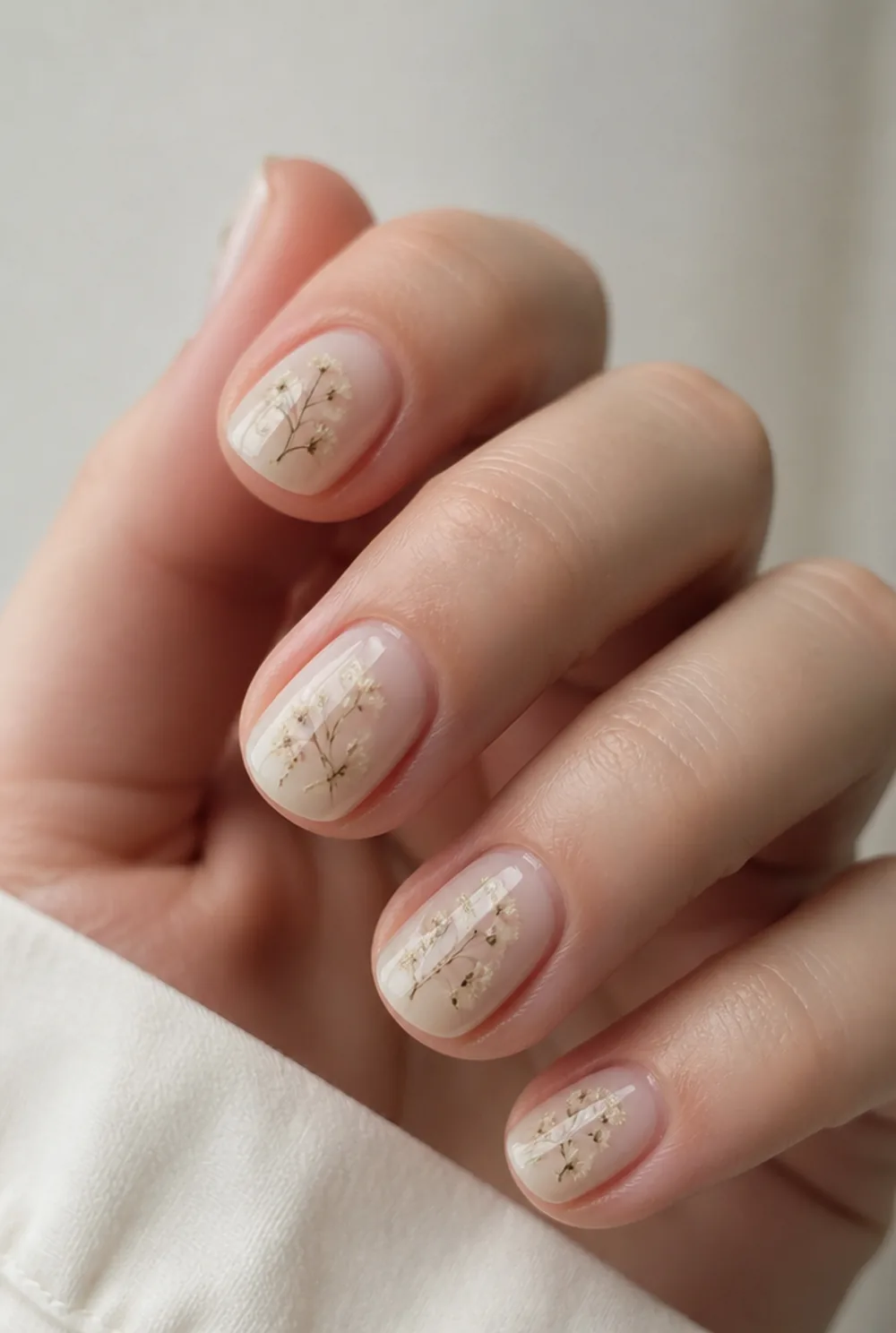 pressed baby's breath nail art on fair skin, short length