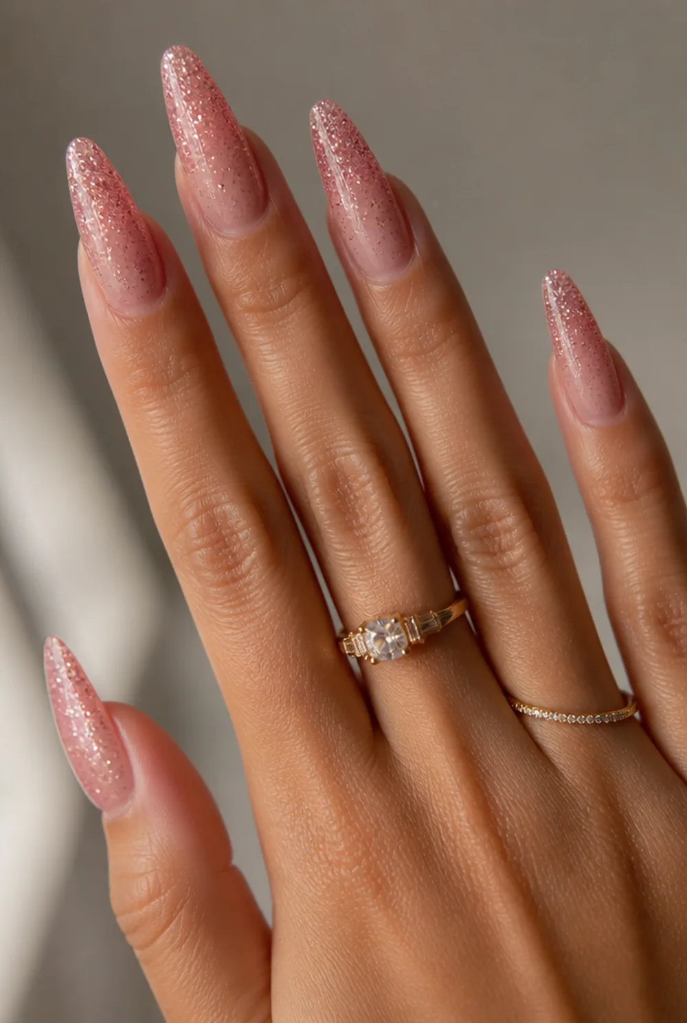encapsulated ombre glitter nail art on olive skin, long length