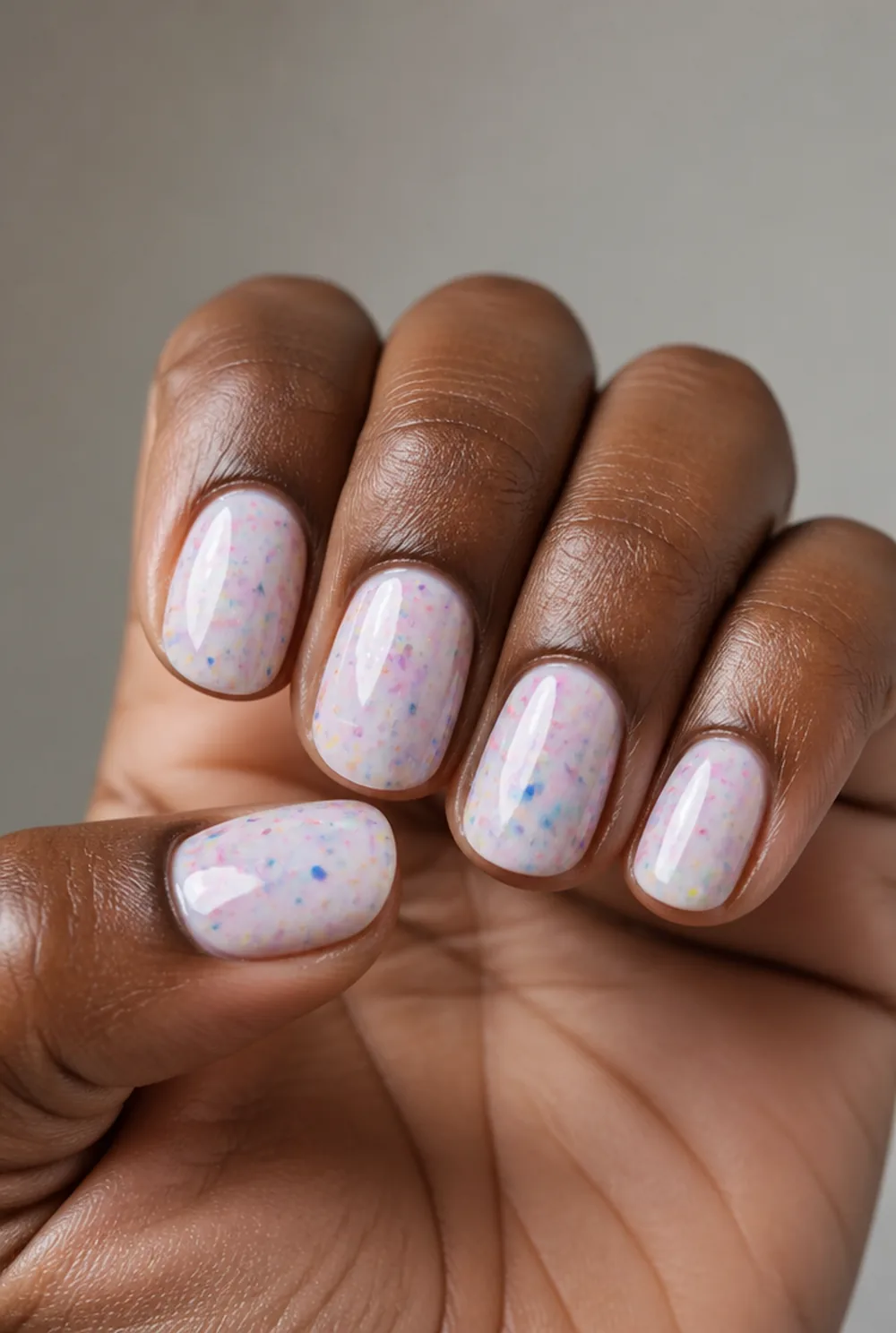 encapsulated confetti nail art on deep brown skin