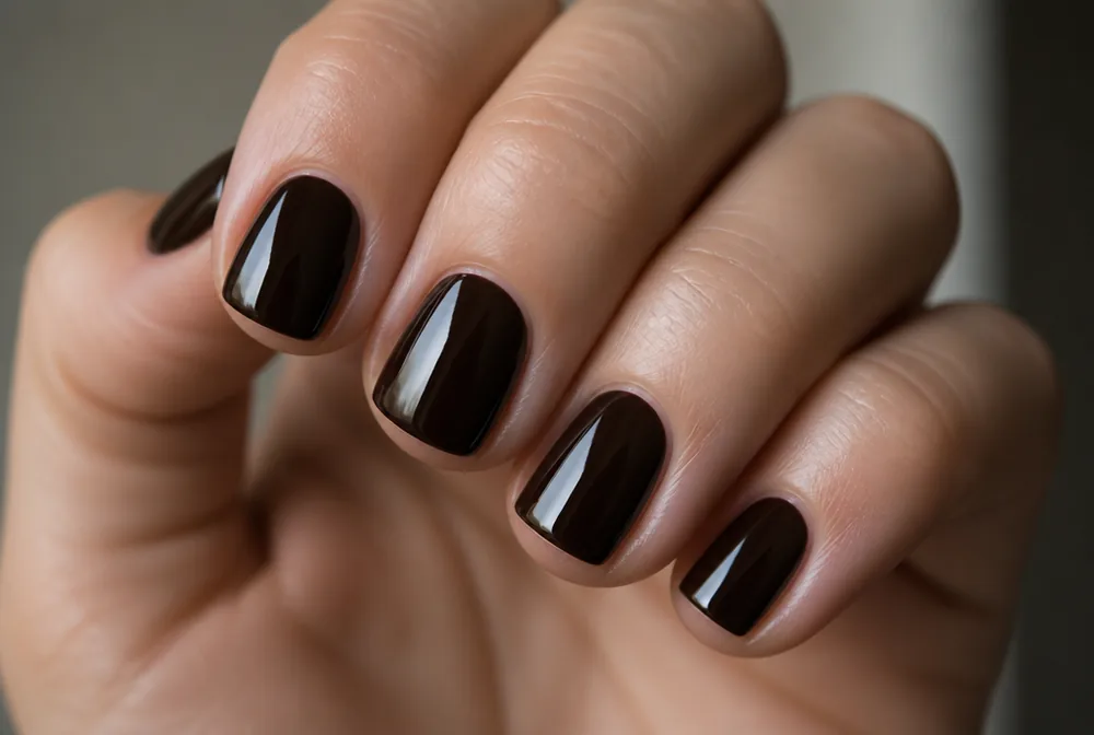 espresso brown December nails on short square nails