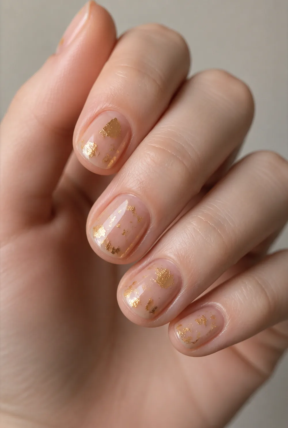 gold leaf shards nail art on fair skin, short length