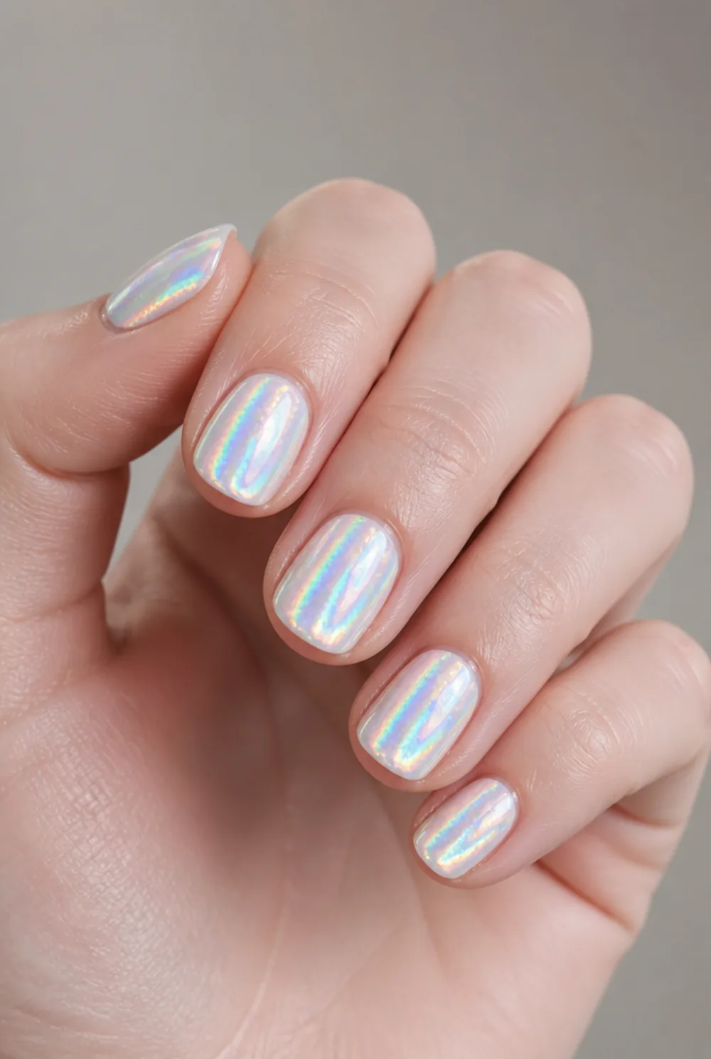 holographic foil nail art on fair skin, short length