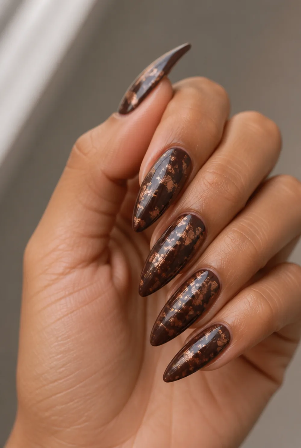 copper foil nail art on olive skin, long length