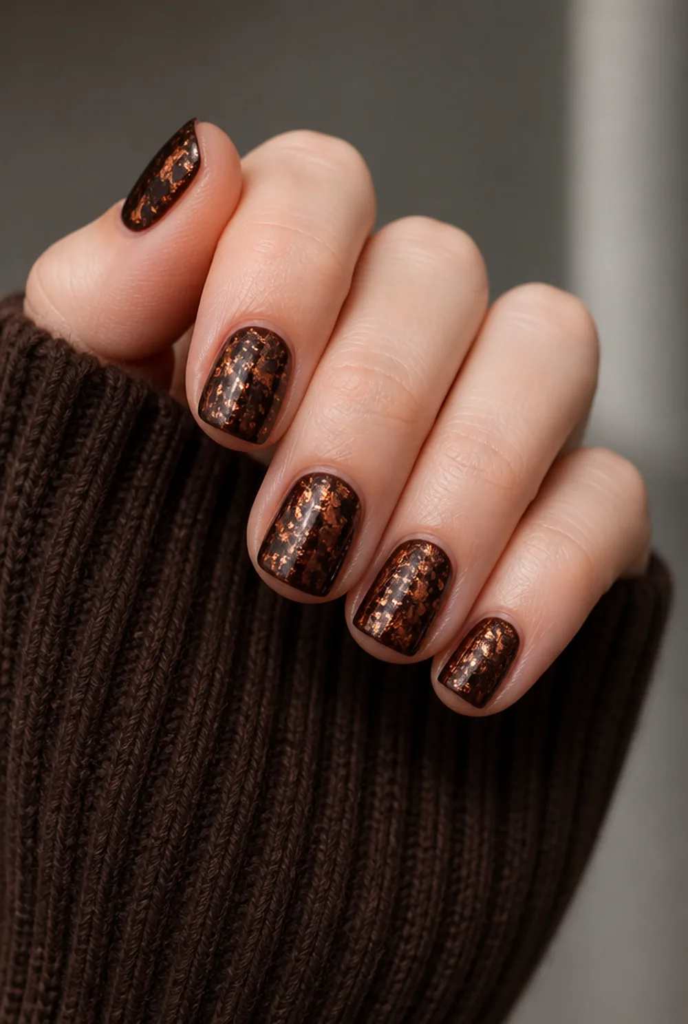 copper foil nail art on fair skin, short length