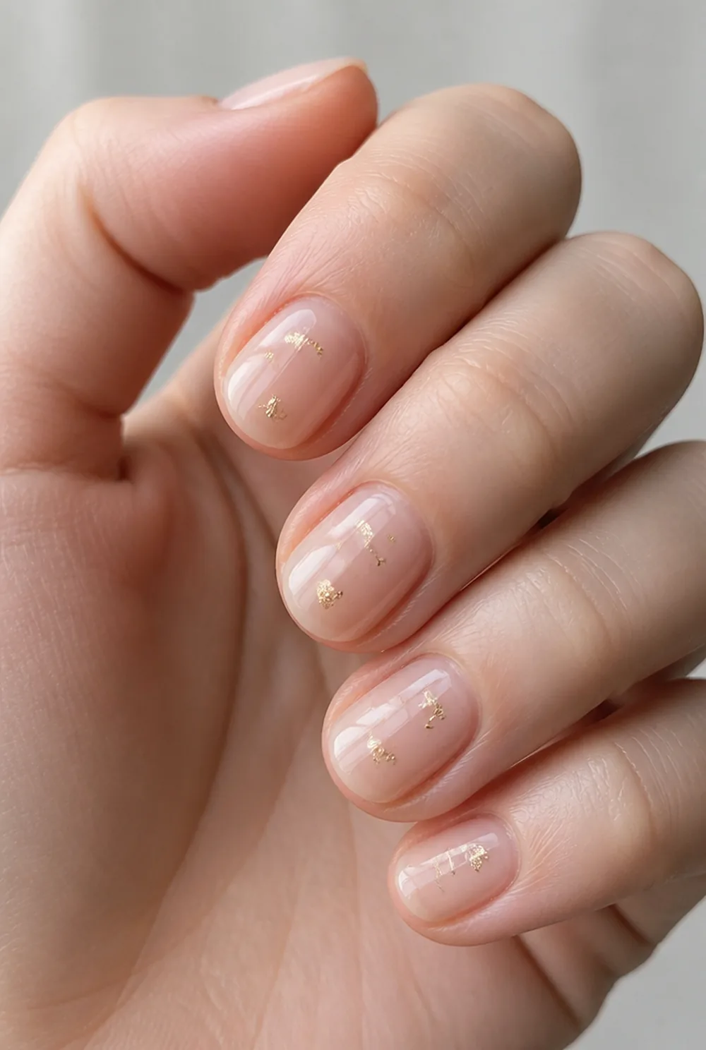 micro foil flecks nail art on fair skin, short length