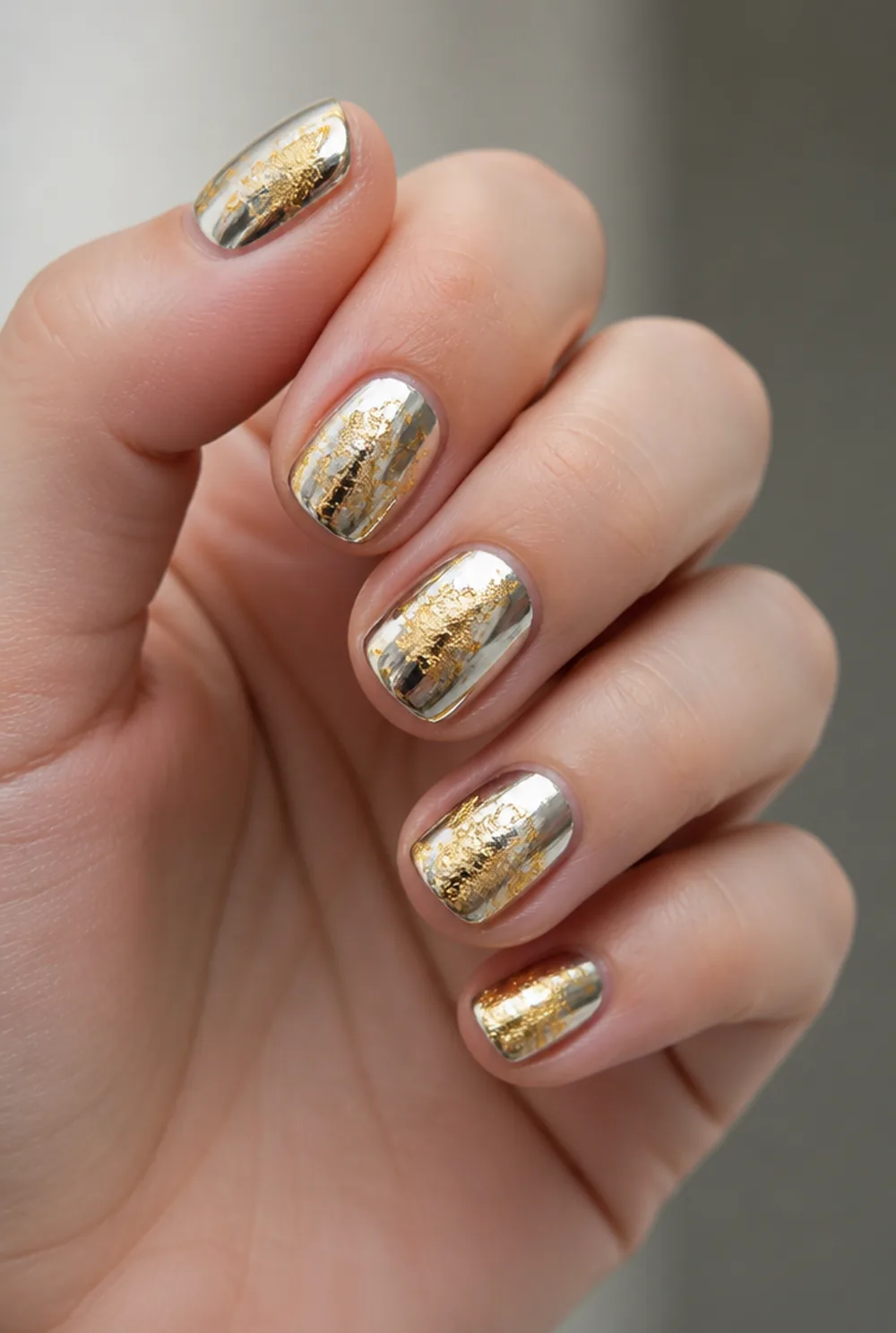 foil and chrome together nail art on fair skin, short length