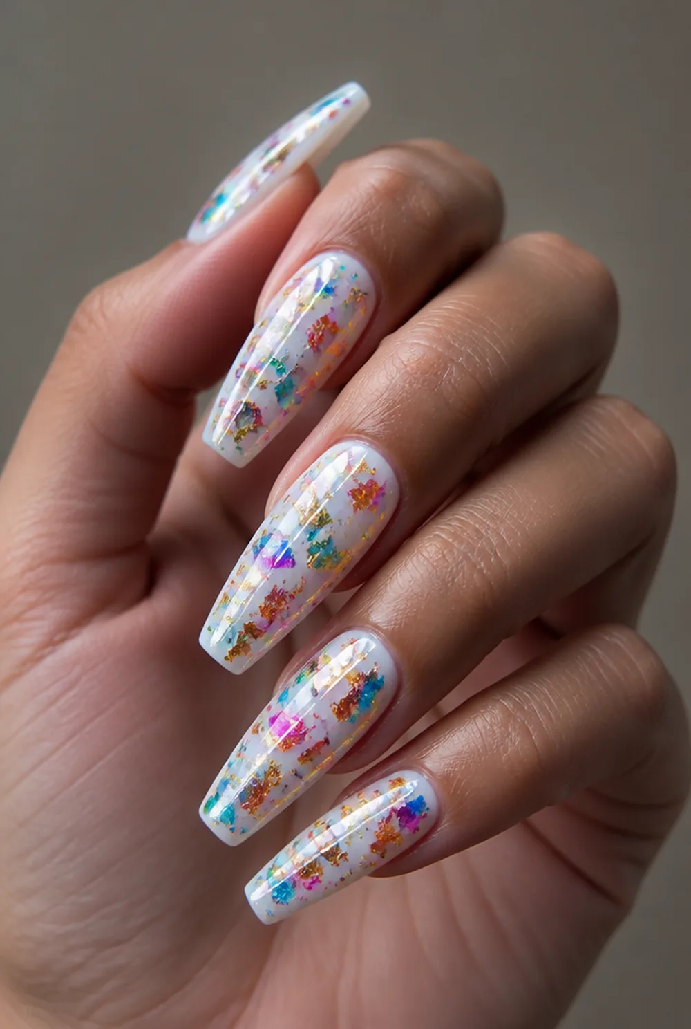 foil confetti nails nail art on olive skin, long length