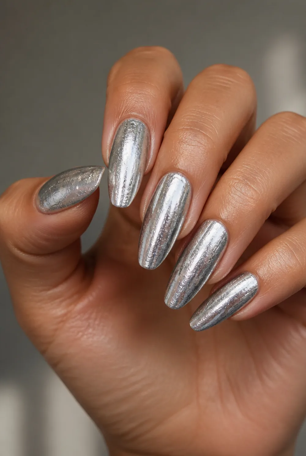 full mirror foil nail art on olive skin, long length