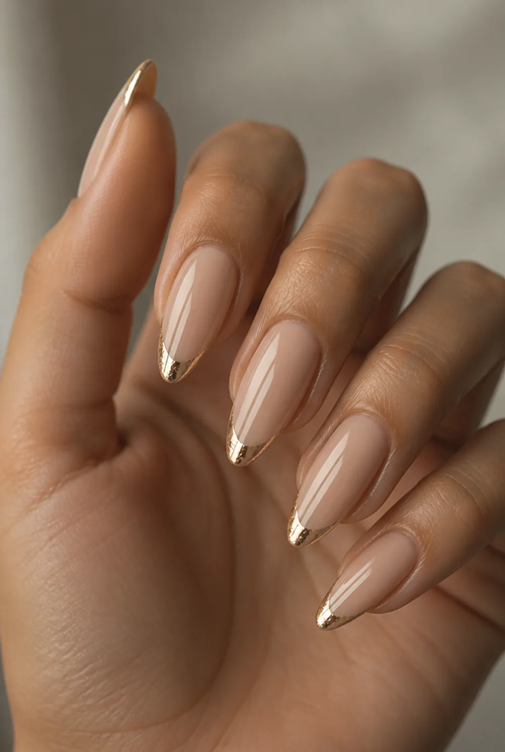 foil french tip nail art on olive skin, long length