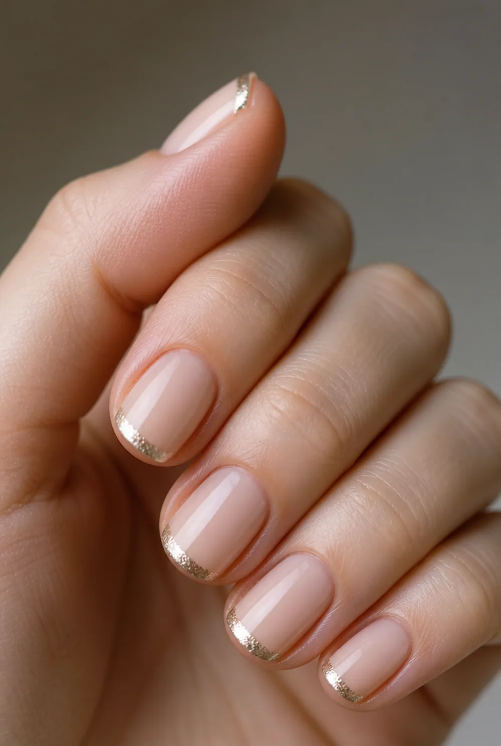 foil french tip nail art on fair skin, short length