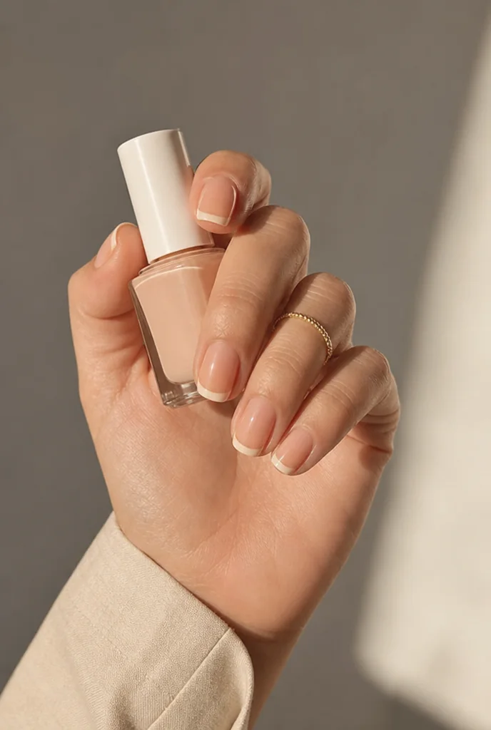 Warm peach-beige French manicure on shorter nails - PolishedAndPrettyNails.com Warm peach-beige French manicure on shorter nails