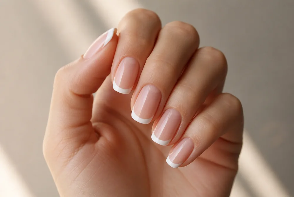 French tip press on nails with thin white line - PolishedAndPrettyNails.com French tip press on nails with thin white line