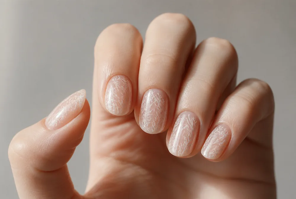 frosted windowpane nail art with white frost line detail - PolishedAndPrettyNails.com frosted windowpane nail art with white frost line detail