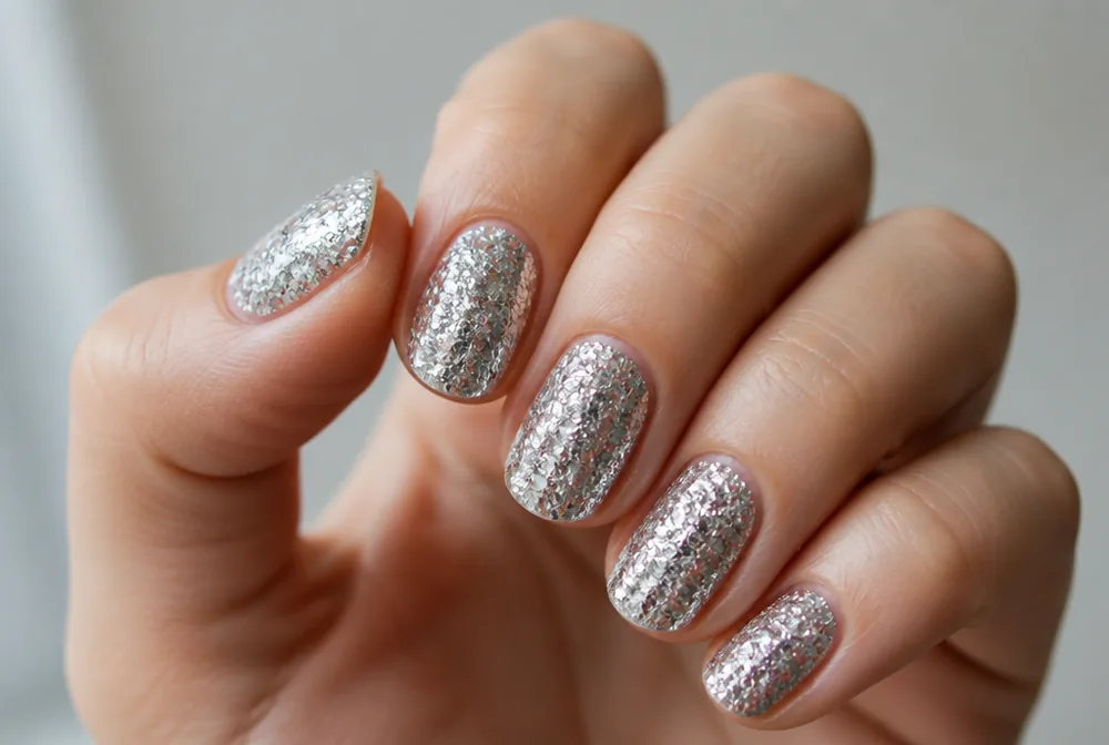 full chunky glitter nails with reflective flakes