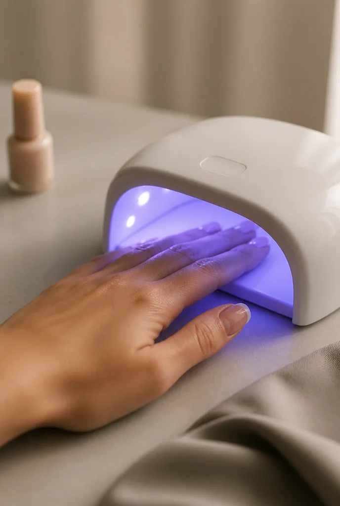 Gel French manicure curing under an LED lamp