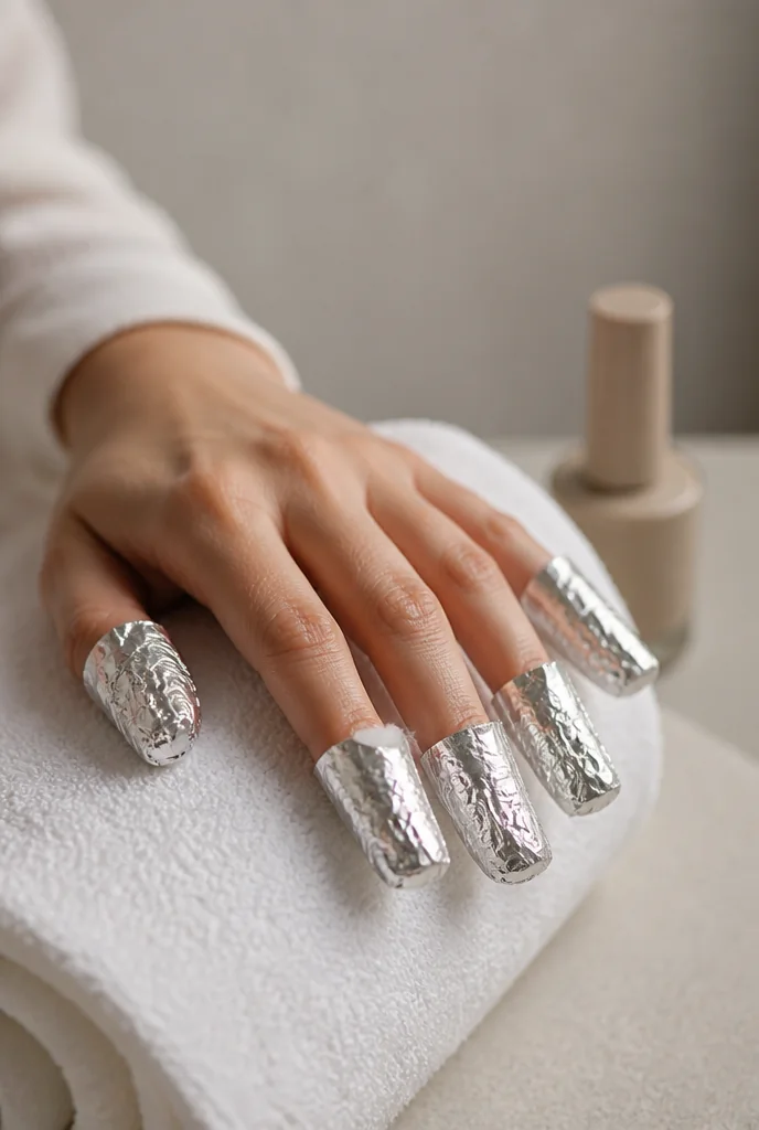 Foil wraps on fingertips during gel removal - PolishedAndPrettyNails.com Foil wraps on fingertips during gel removal