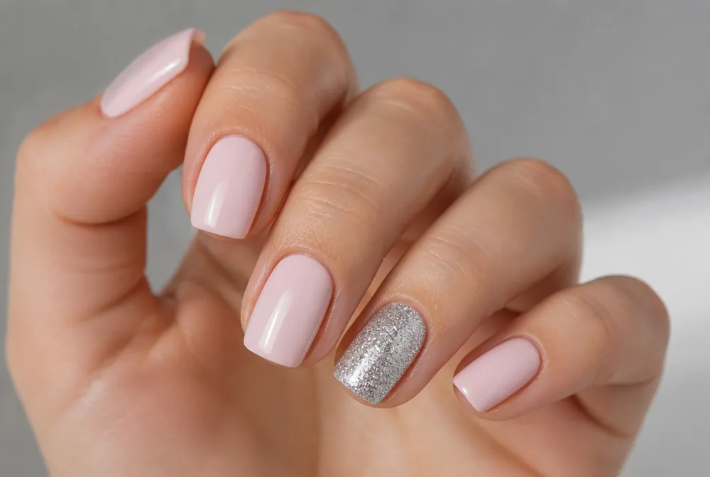 glitter accent squoval nails on pink base
