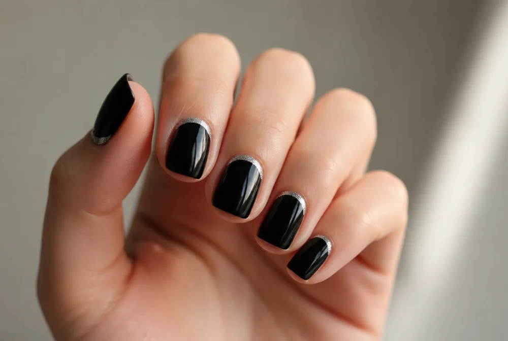 glitter half moon nails on black base